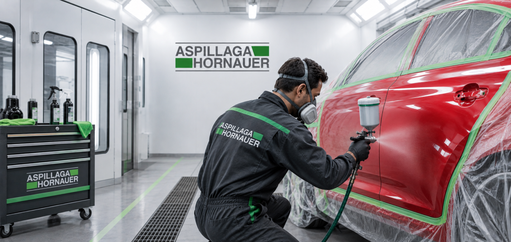 Técnico de Aspillaga Hornauer pintando un auto en la cabina de pintura